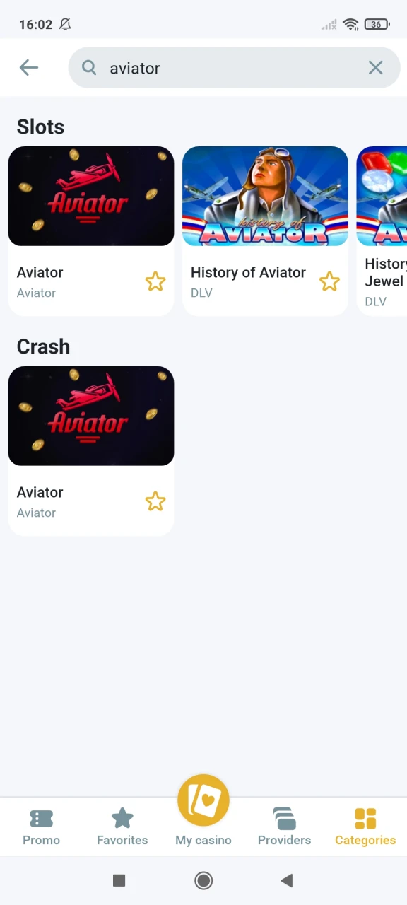 Find the Aviator game in the Melbet casino section.