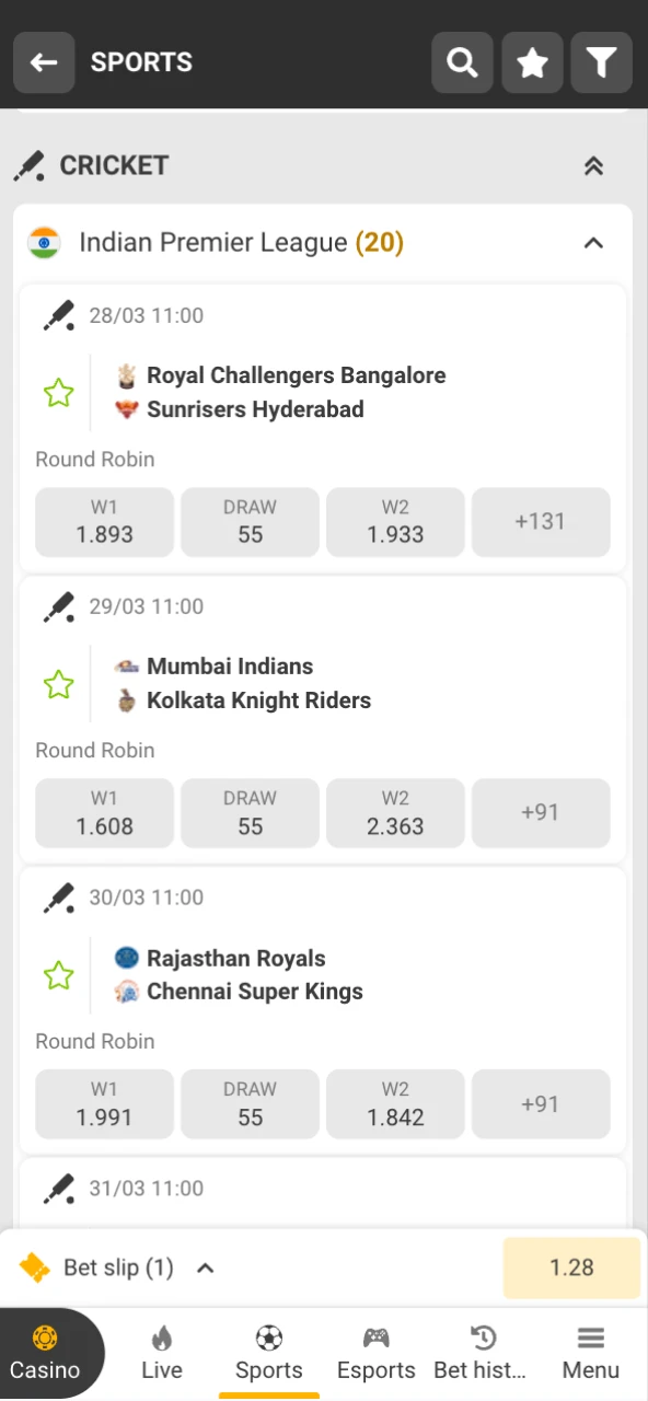 Find IPL markets and explore the best odds on Melbet.